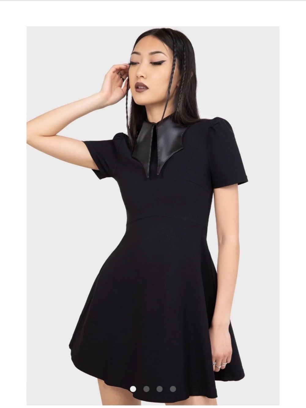 Killstar Black Mini Fit-and-Flare Dress with Faux Leather Pointed Collar